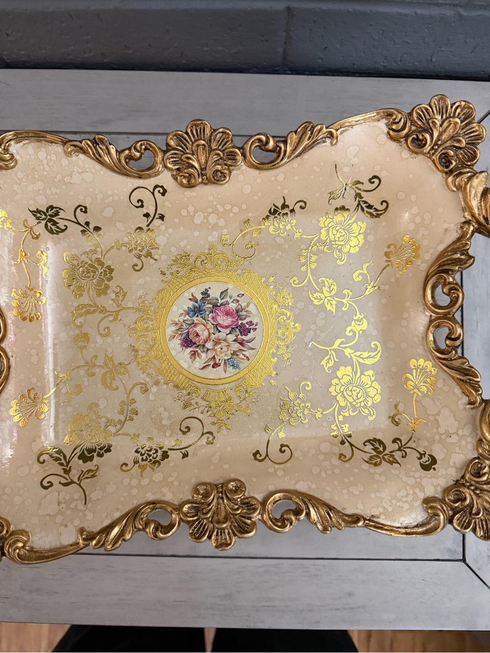 Ornate Gold Floral Decorative Tray - Cream and Gold